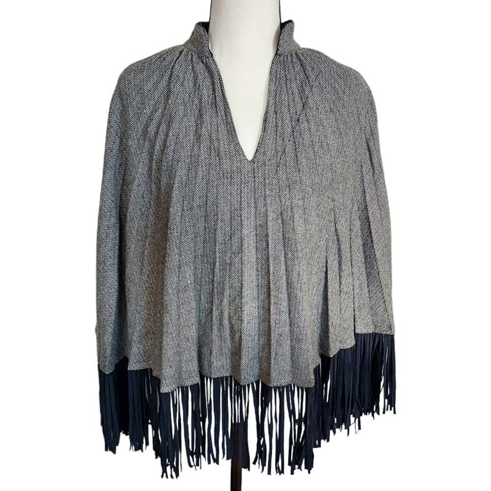 Komarov Fringed V Neck Black White Herringbone Poncho Cape Women One Size